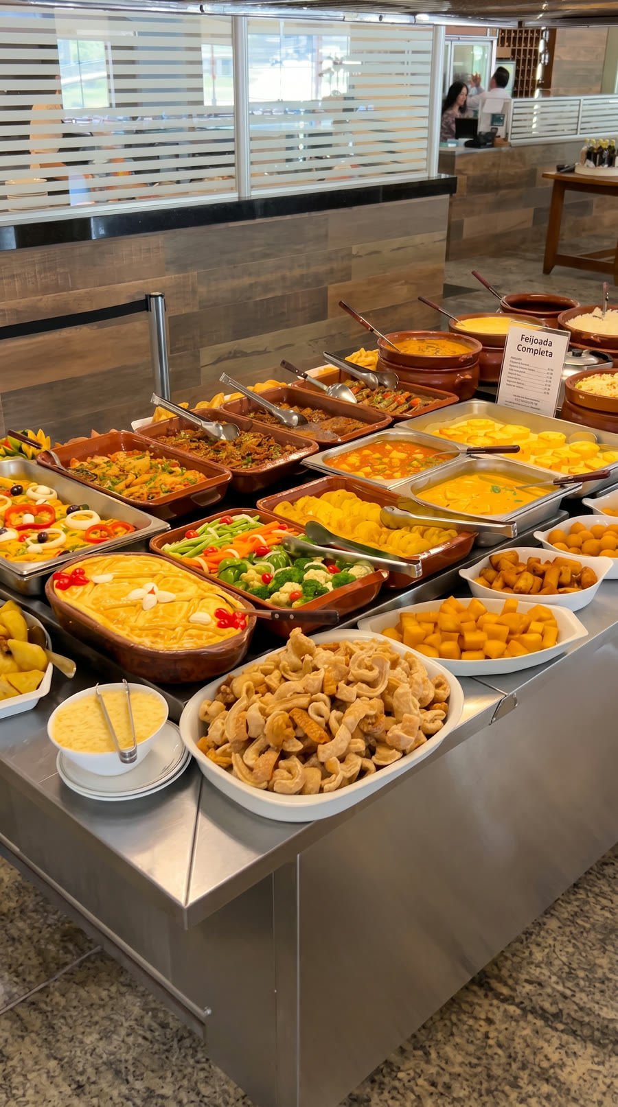 Buffet completo com pratos quentes e variedade de acompanhamentos