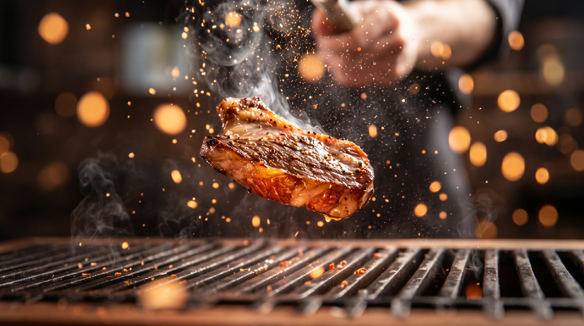 Chef temperando um corte de carne sobre a brasa, com fumaça e faíscas