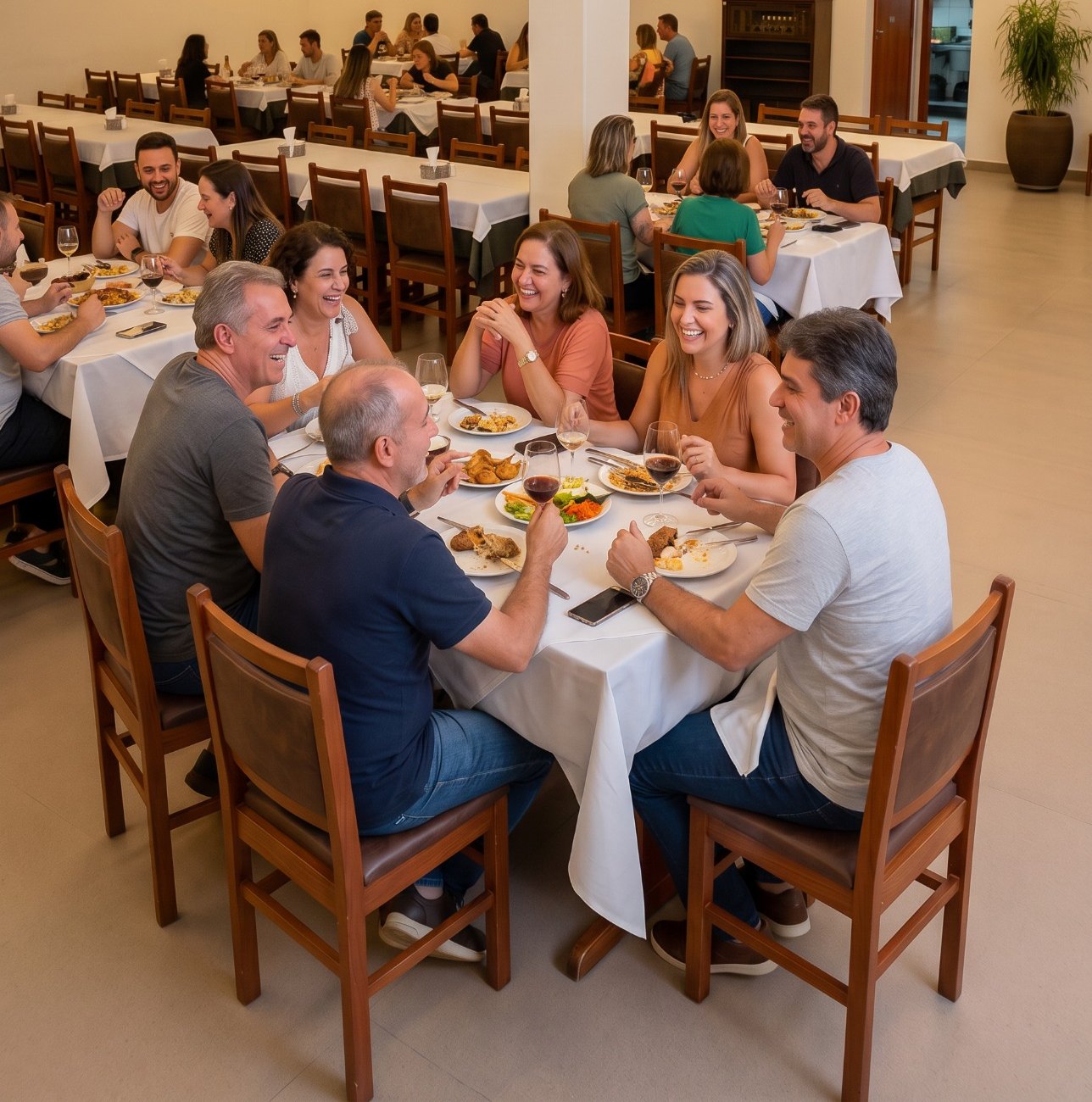 Convidados reunidos à mesa de toalha branca no salão da Gramado Grill